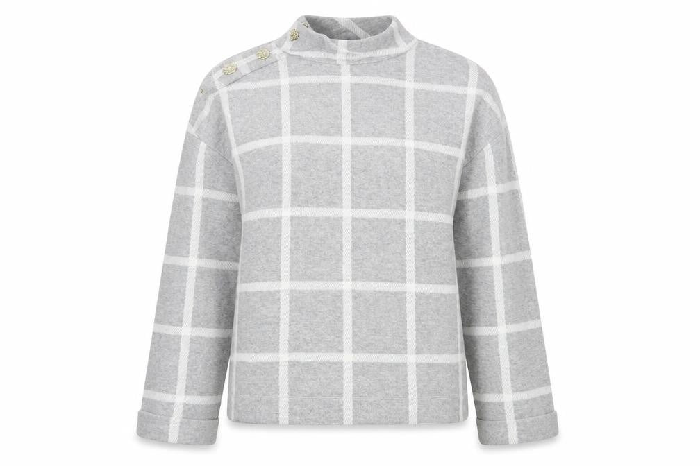 Front view of River Island women’s grey check jumper, size UK 10