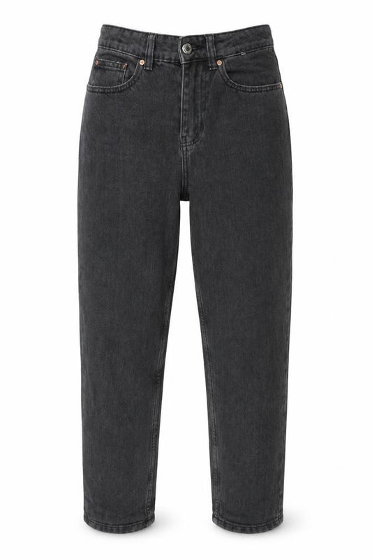Front view of DENIM CO women’s black mom jeans, size UK 8, 28-inch leg
