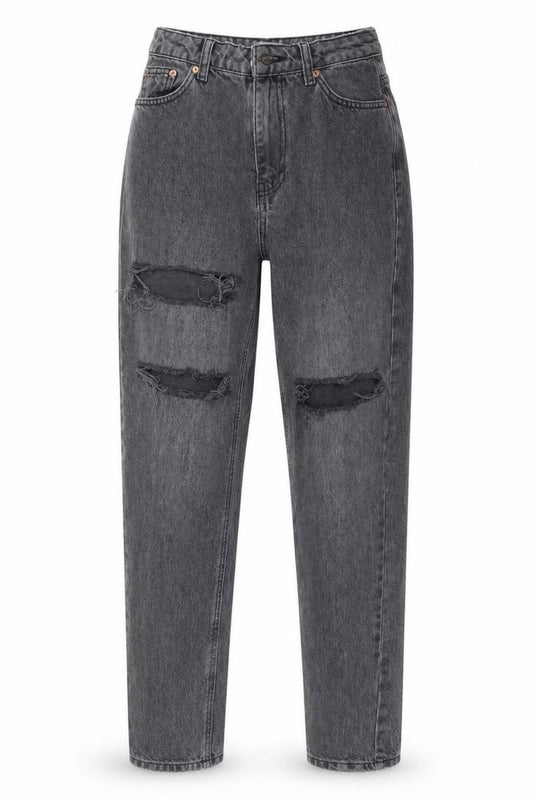 Front view of Topshop women’s grey mom jeans, size UK 26, 36-inch leg