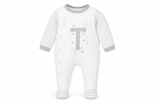Front view of Preworn Baby White Striped Babygrow One-Piece, size 3-6, Months
