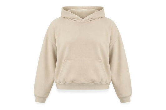 Front view of Lakenzie women’s beige pullover hoodie, size M