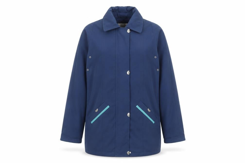 Front view of EWM women’s blue jacket, size UK 12