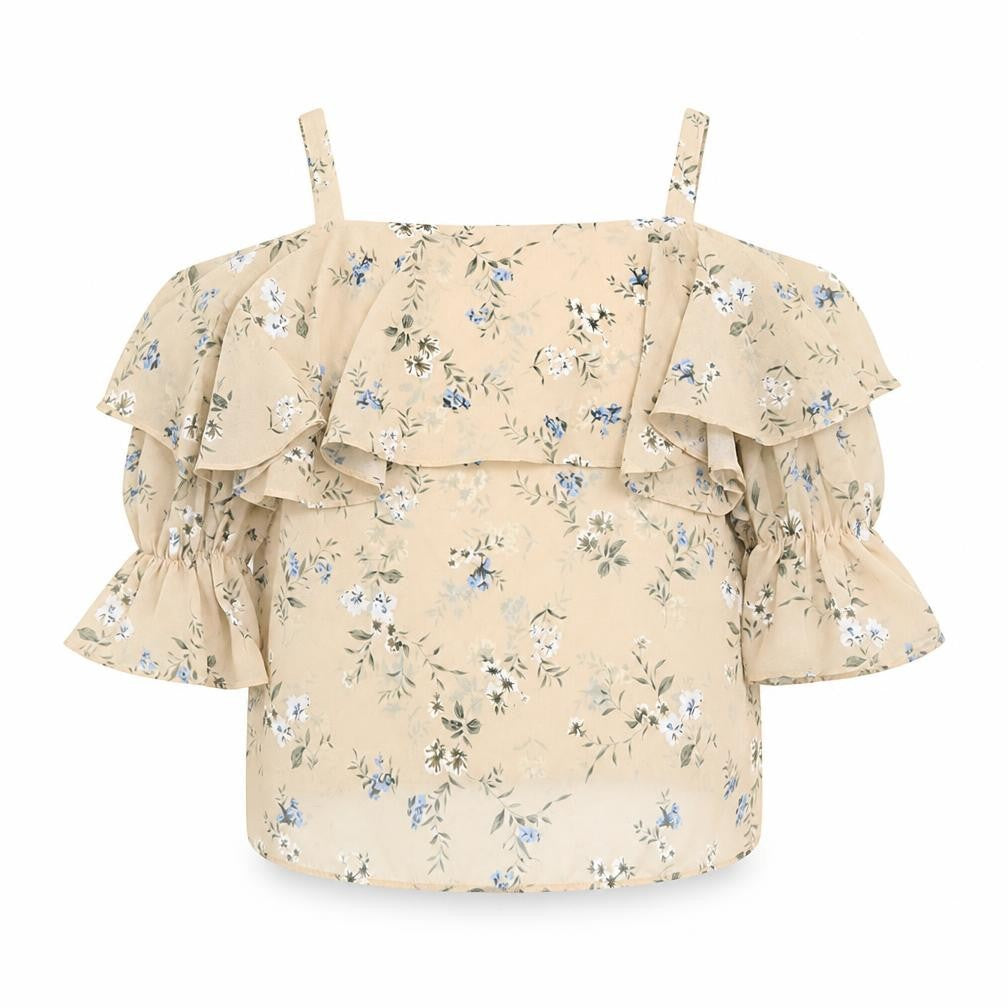 Front view of In the Style women’s beige floral basic blouse, size UK 10