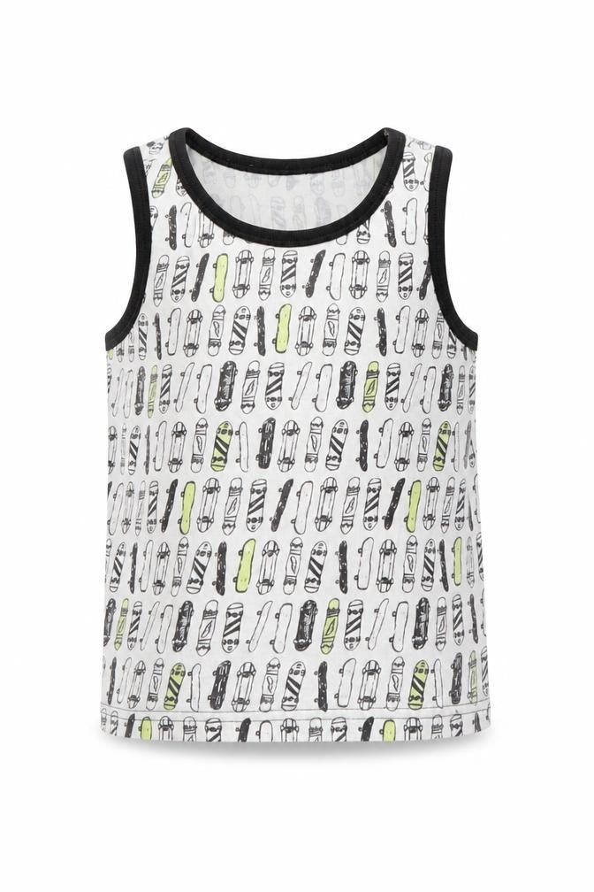 Front view of Primark boys’ white spotted basic tank, size 5, years - skateboard