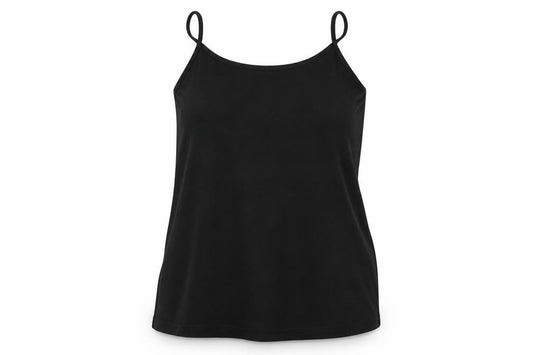 Front view of Preworn women’s black basic tank, size UK 20