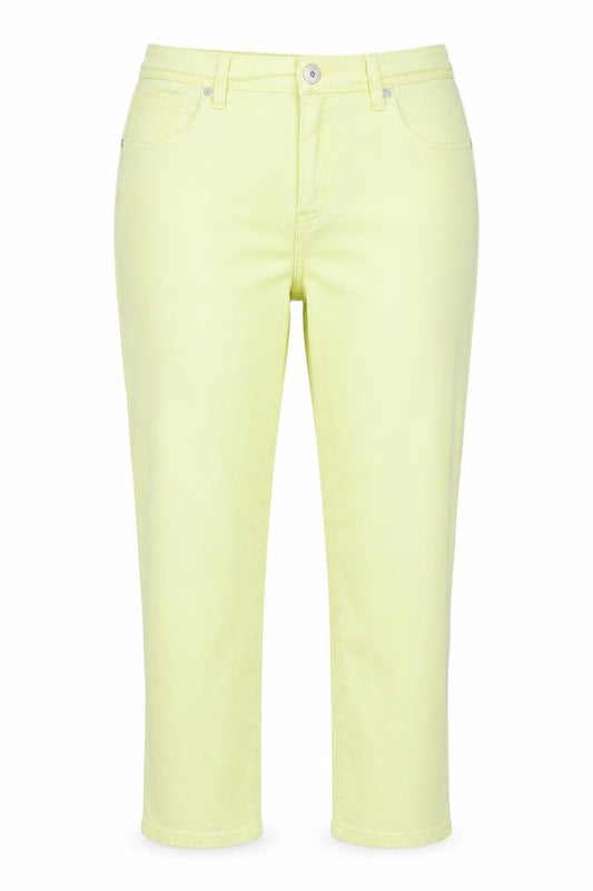 Front view of Style&Co Denim women’s yellow denim capri jeans, size UK 10, 21-inch leg