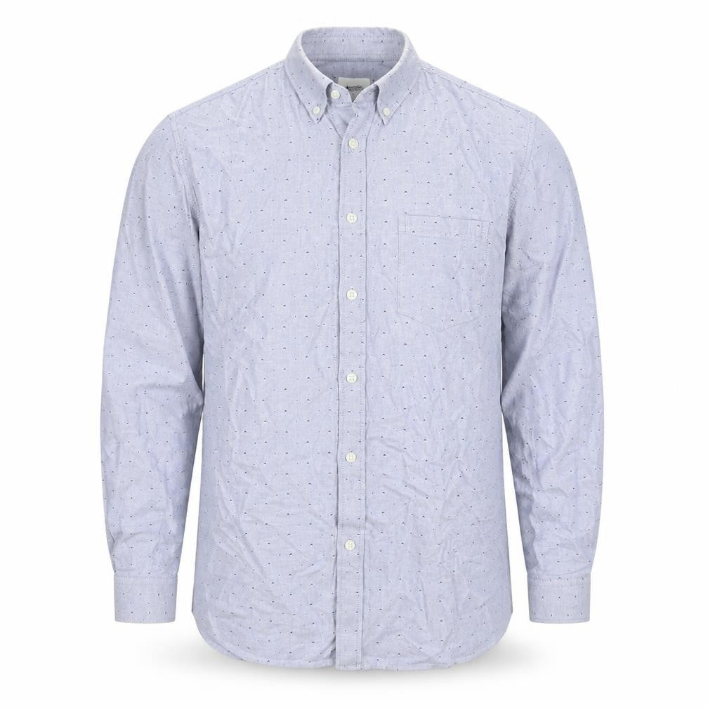 Front view of Burton men’s blue button-up, size M