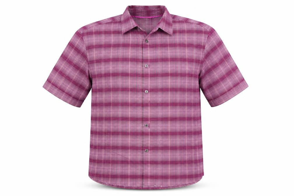 Front view of Marks & Spencer men’s pink check button-up, size M