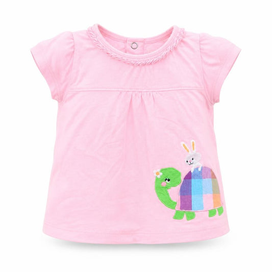 Front view of Just One You girls’ pink basic t-shirt, size 9-12, months