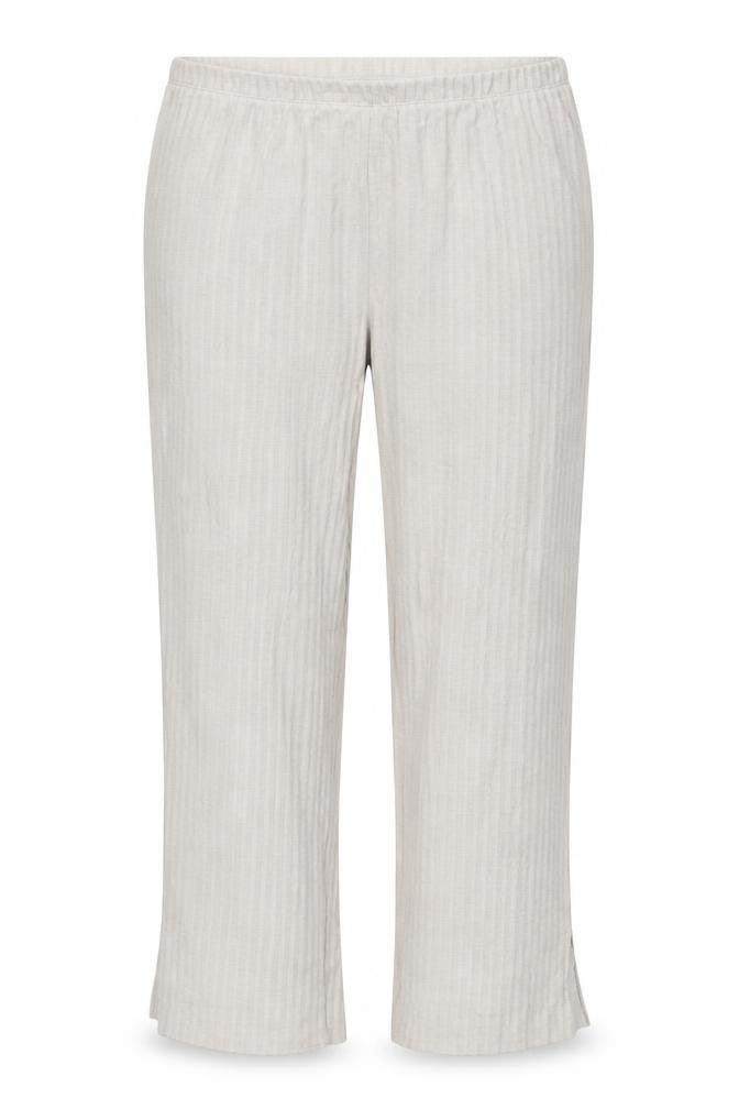 Front view of H&M women’s beige striped trousers, size L, 29-inch leg