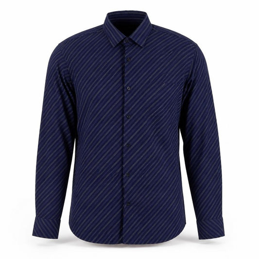 Front view of Burton men’s blue striped dress shirt, size S