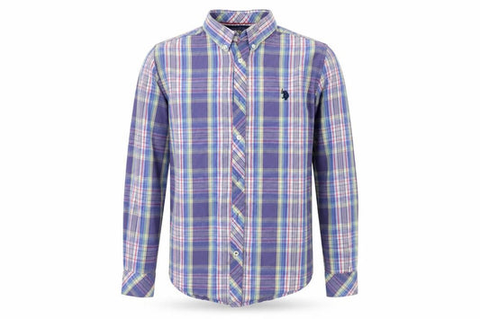 Front view of U.S. Polo Assn. men’s blue check button-up, size M