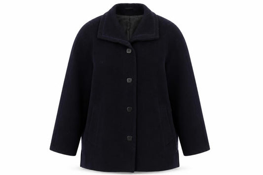 Front view of EWM women’s blue jacket coat, size UK 14