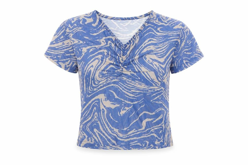 Front view of Topshop women’s blue floral basic t-shirt, size S