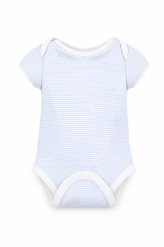 Front view of Nutmeg Baby Blue Striped Babygrow One-Piece, size 6-9, Months