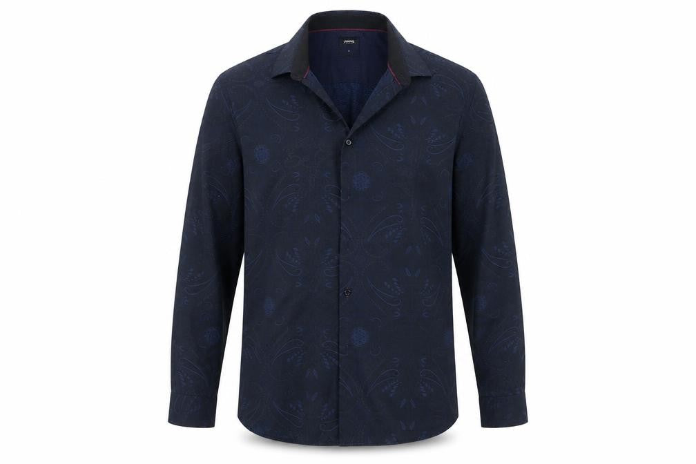 Front view of Burton men’s blue geometric button-up, size L