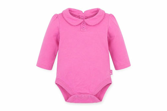 Front view of JoJo Maman Bébé girls’ pink babygrow one-piece, size 3-6, months