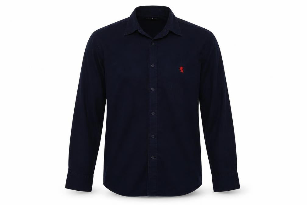 Front view of Originals men’s blue button-up, size M