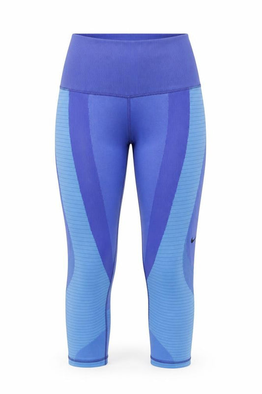 Front view of Dri-Fit women’s blue colourblock compression leggings, size M, 21-inch leg - cropped - deep waist