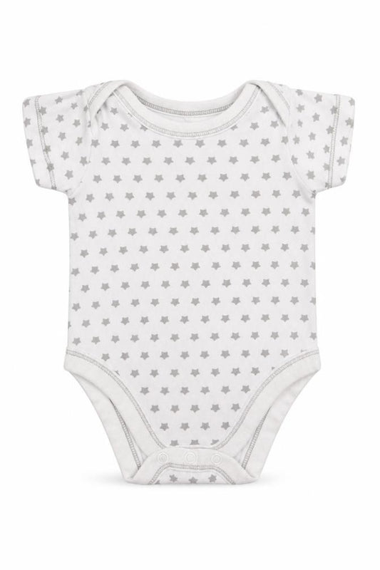 Front view of Lilly & Dan Baby Grey Geometric Romper One-Piece, size 3-6, Months - Star Print