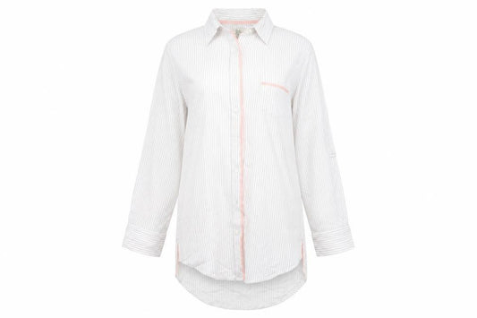 Front view of Primark women’s white striped basic button-up, size S, - love to lounge