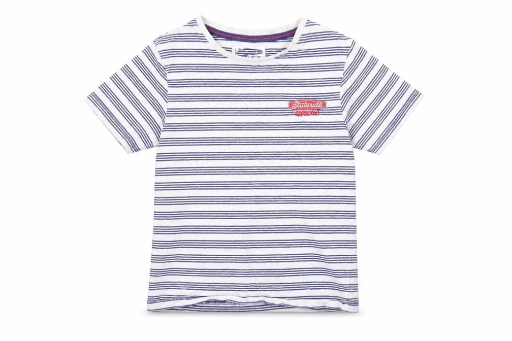 Front view of Tu boys’ white striped basic t-shirt, size 8, years