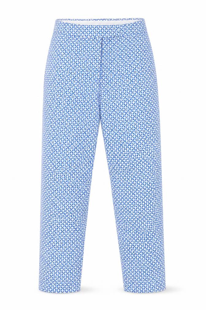 Front view of Marks & Spencer women’s blue geometric trousers, size UK 8, 26-inch leg