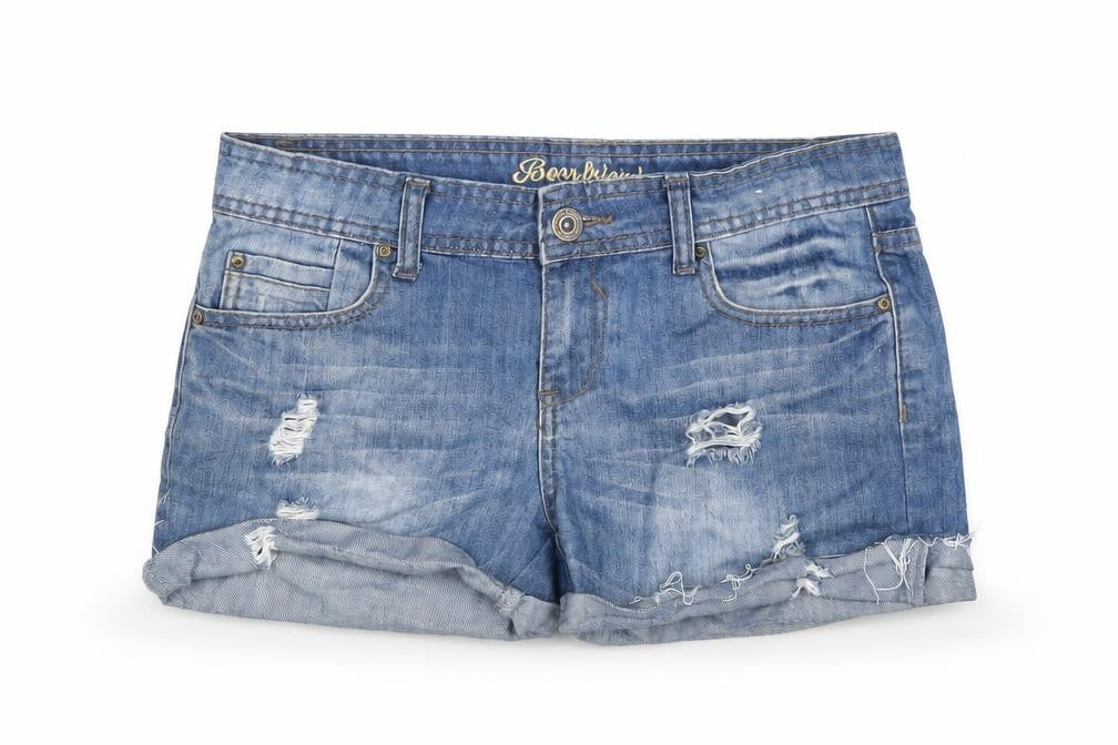 Front view of Deni Co women’s blue cut-off shorts, size UK 8