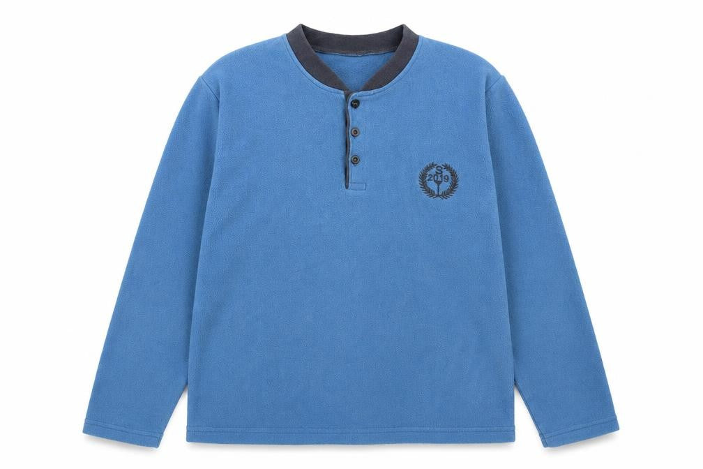 Front view of Sude men’s blue pullover sweatshirt, size L