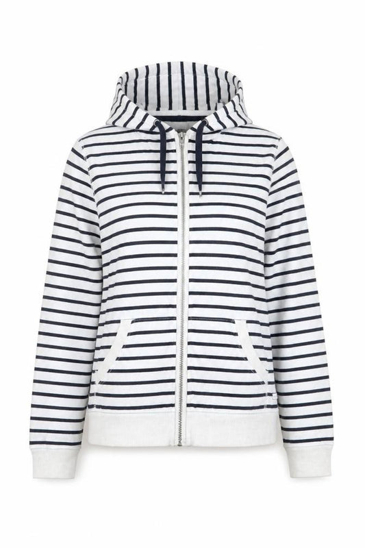 Front view of Maine New England women’s blue striped jacket, size UK 12