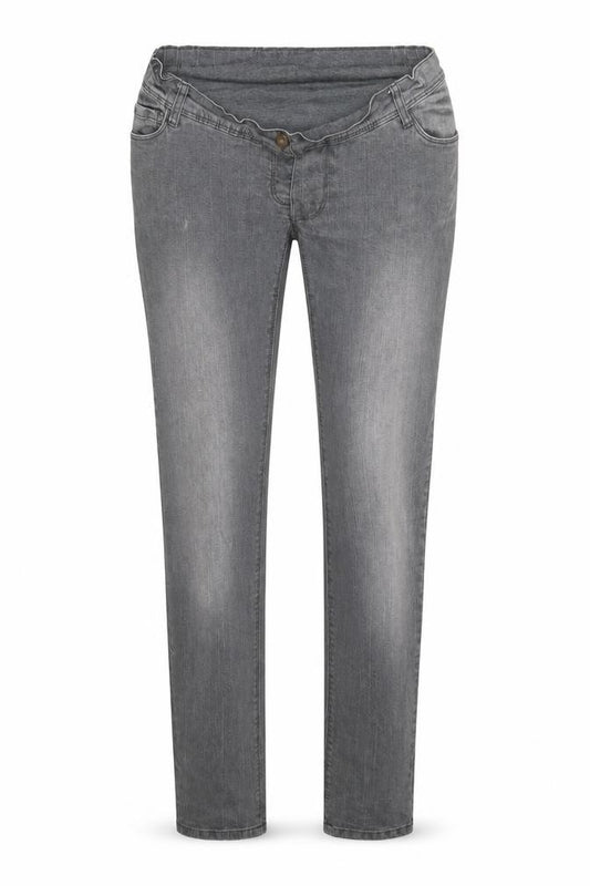 Front view of LOVE TO WAIT women’s grey denim mom jeans, size UK 30, in, 32-inch leg