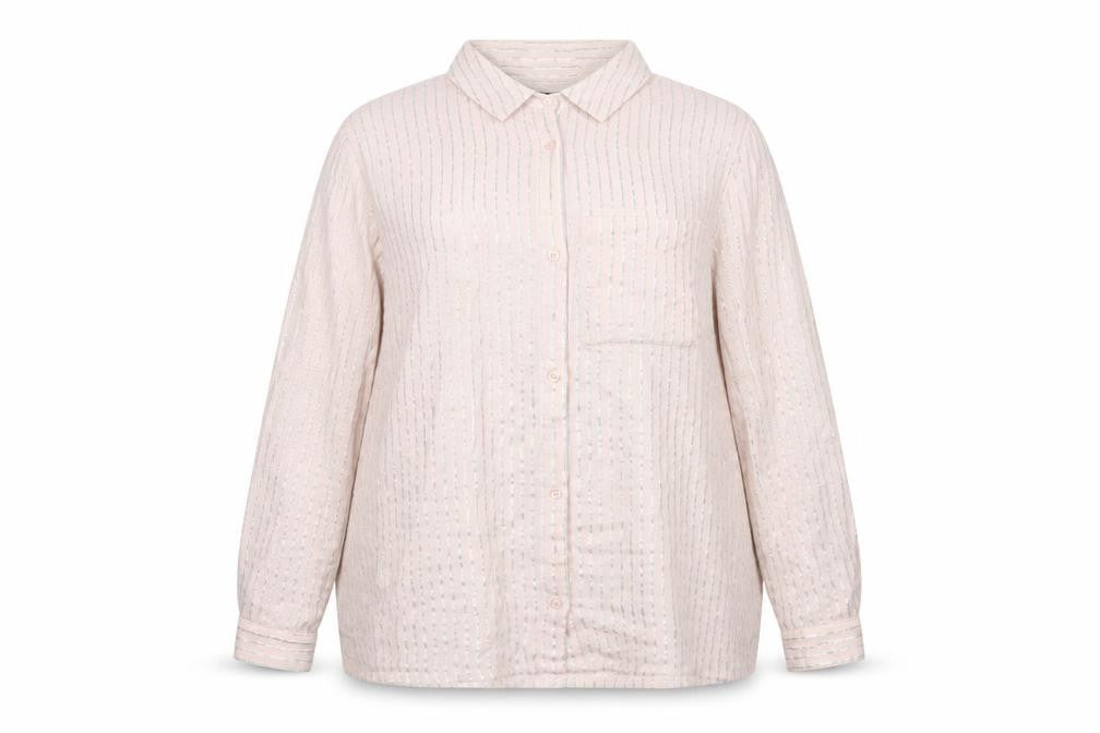 Front view of Bonmarché women’s pink striped basic button-up, size UK 18