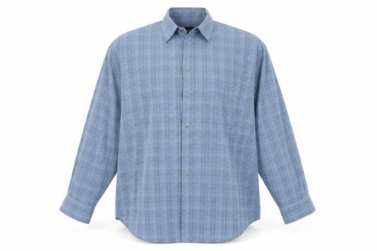 Front view of Slates men’s blue plaid button-up, size L