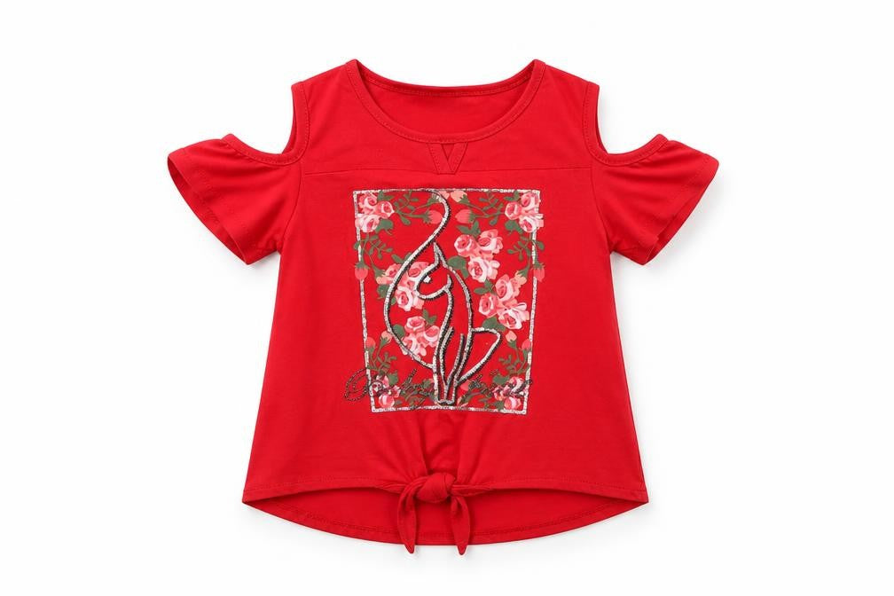Front view of baby ohhat girls’ red basic t-shirt, size 6, years