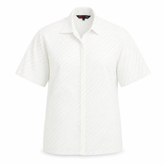 Front view of Cutting Edge women’s ivory striped basic button-up, size M
