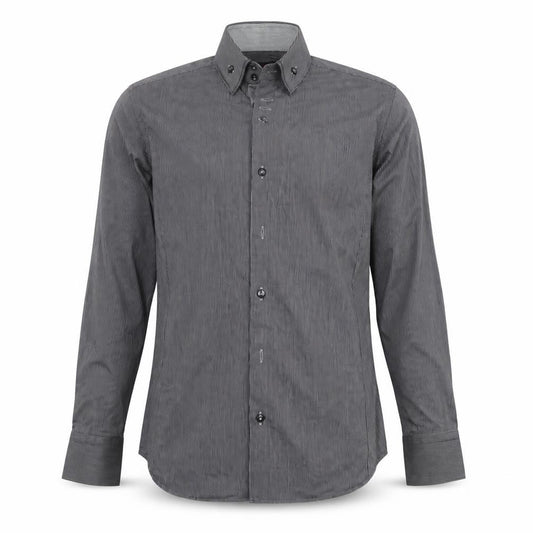Front view of Deuxmec men’s black striped dress shirt, size M