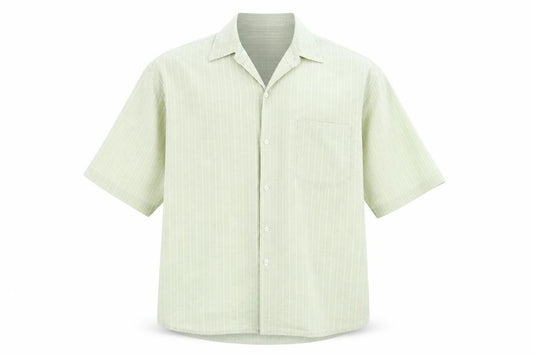 Front view of New Roads men’s green striped button-up, size L