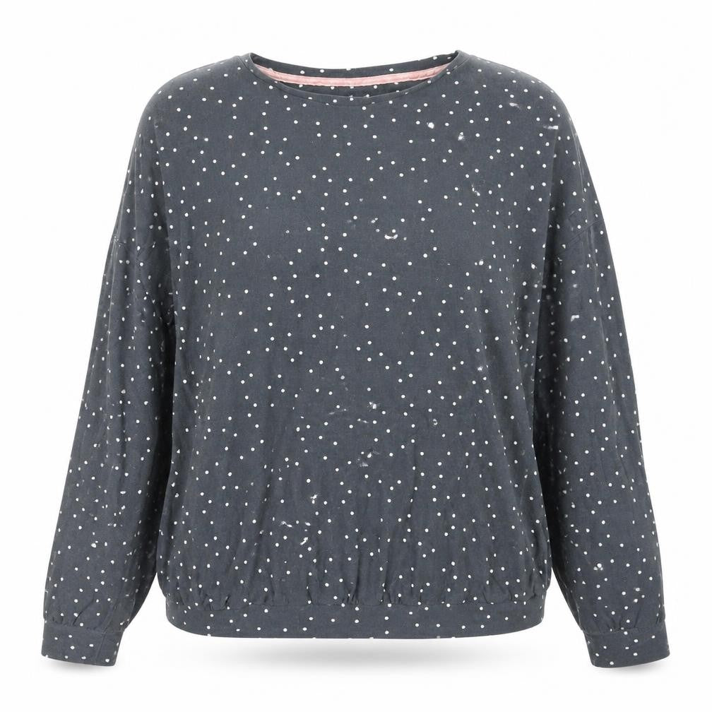 Front view of Love To Lounge women’s grey polka dot top pyjama top, size S