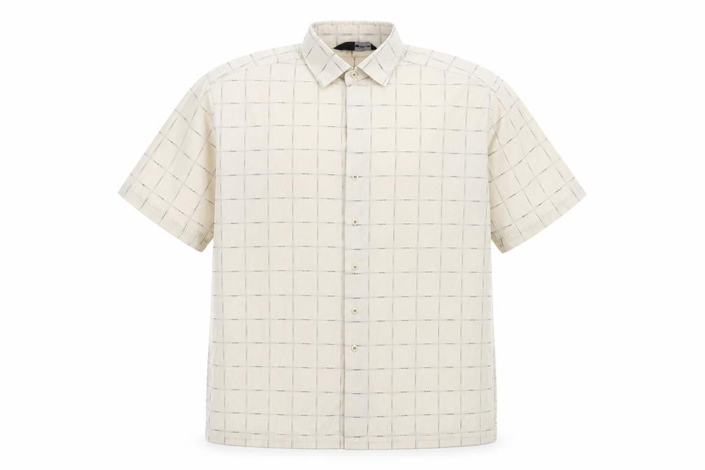 Front view of defines men’s white check polo, size M