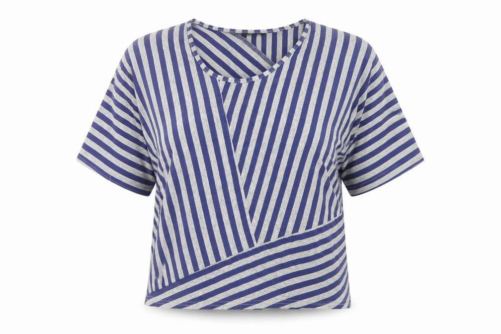 Front view of Kaleidoscope women’s blue striped basic t-shirt, size M