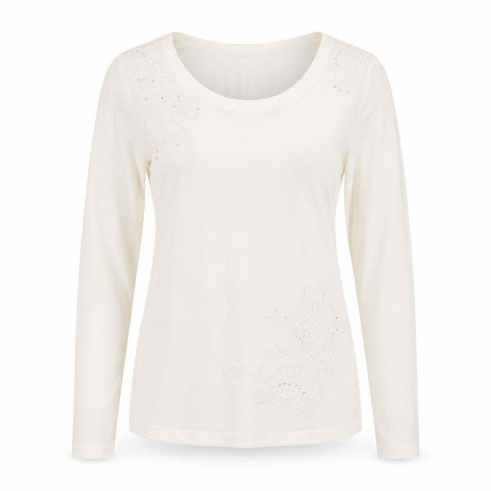 Front view of BCP Collection women’s ivory floral basic t-shirt, size S