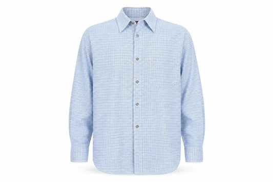 Front view of Moto Jeanswear men’s blue check button-up, size M