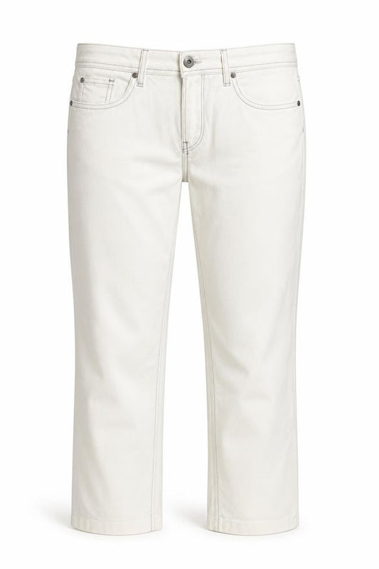 Front view of Crew Clothing White Denim Capri Jeans, size 32, in, 27-inch leg