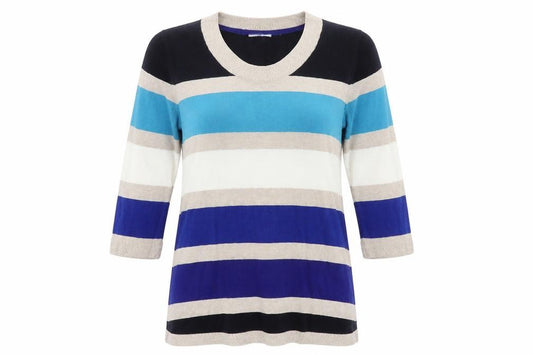Front view of Per Una women’s blue striped a-line, size UK 14