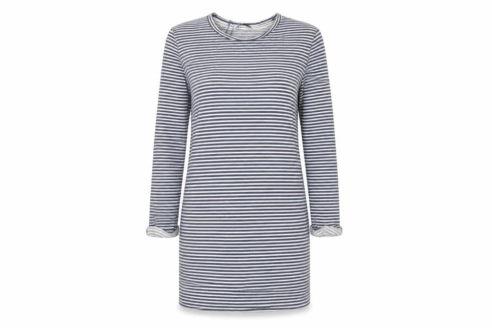 Front view of Tu women’s blue striped jumper dress, size UK 10