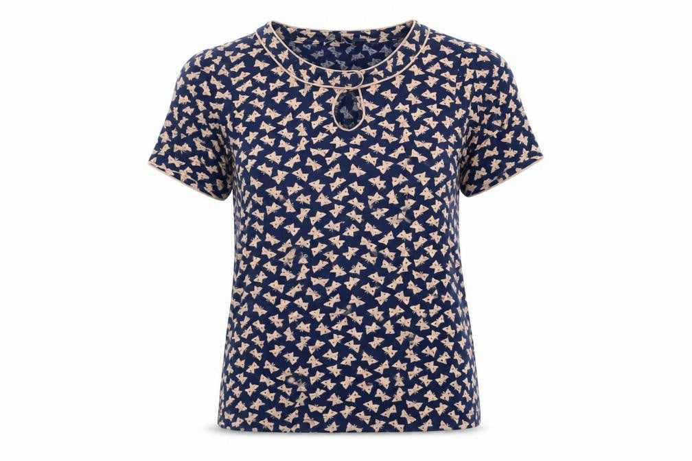 Front view of French Connection women’s blue geometric basic t-shirt, size L, - butterfly