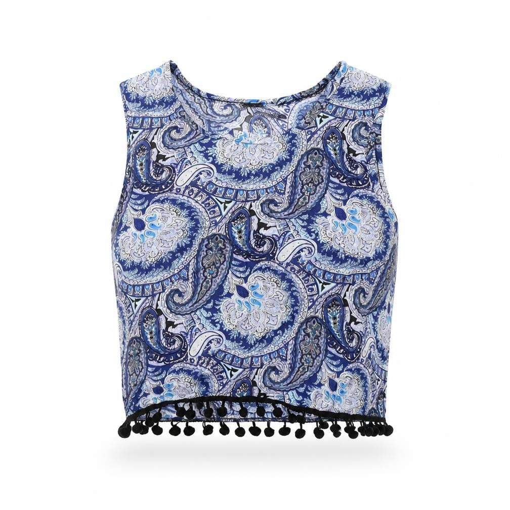 Front view of Select women’s blue geometric basic tank, size UK 8
