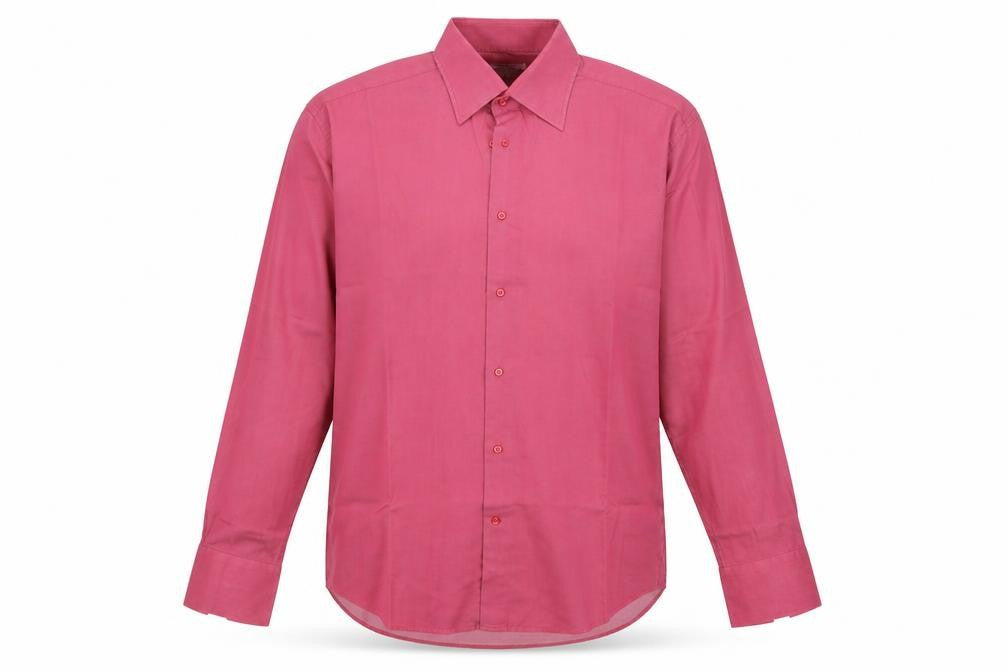 Front view of cotton doux men’s pink button-up, size 15.5
