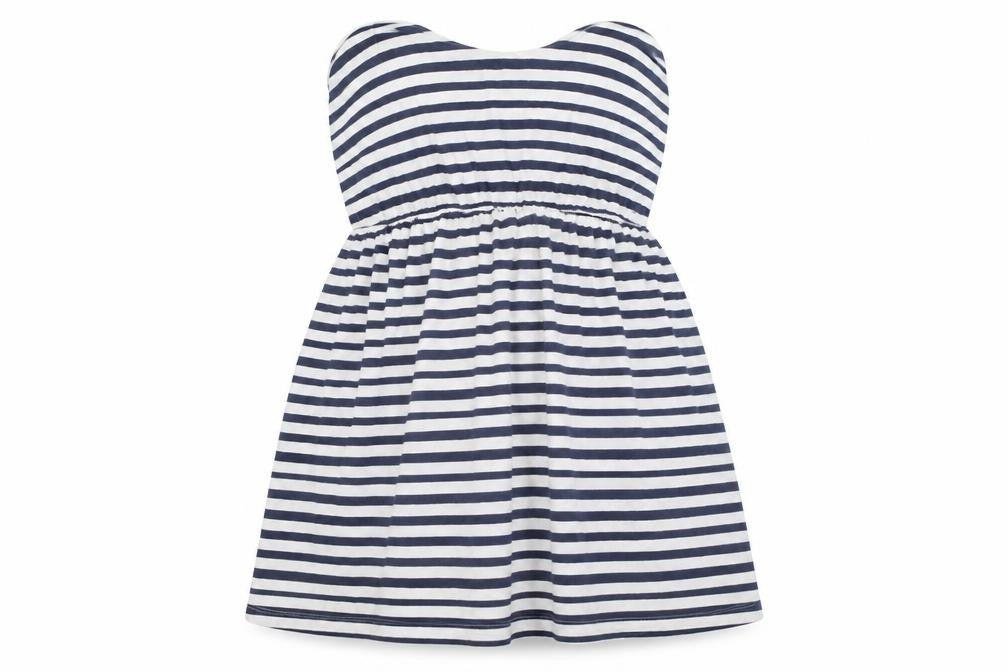 Front view of INSIDE women’s blue striped basic t-shirt, size L