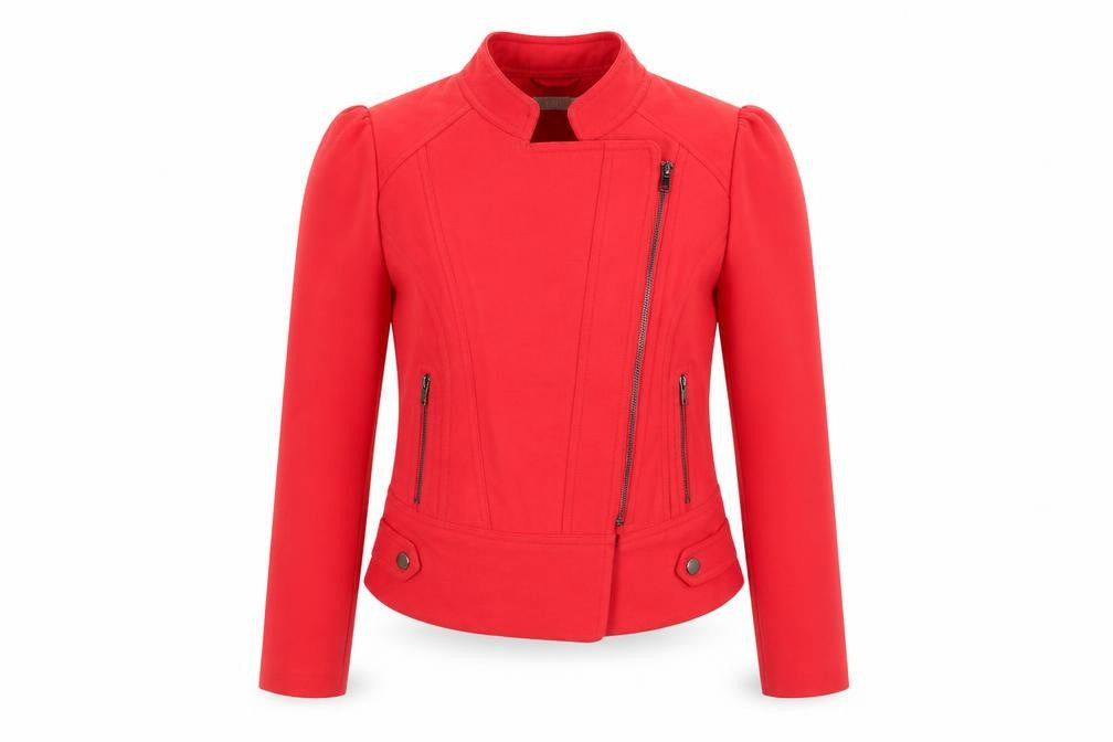 Front view of RIU women’s orange bomber jacket coat, size UK 10, - soft felt like texture gathered shoulders